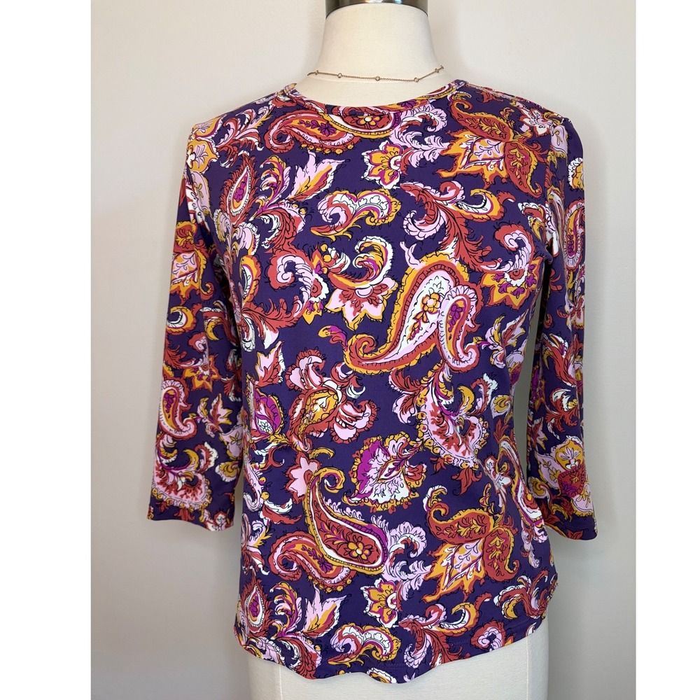 J.McLaughlin Catalina Cloth Paisley Top Purple Pink 3/4 Sleeve Womens Preppy M